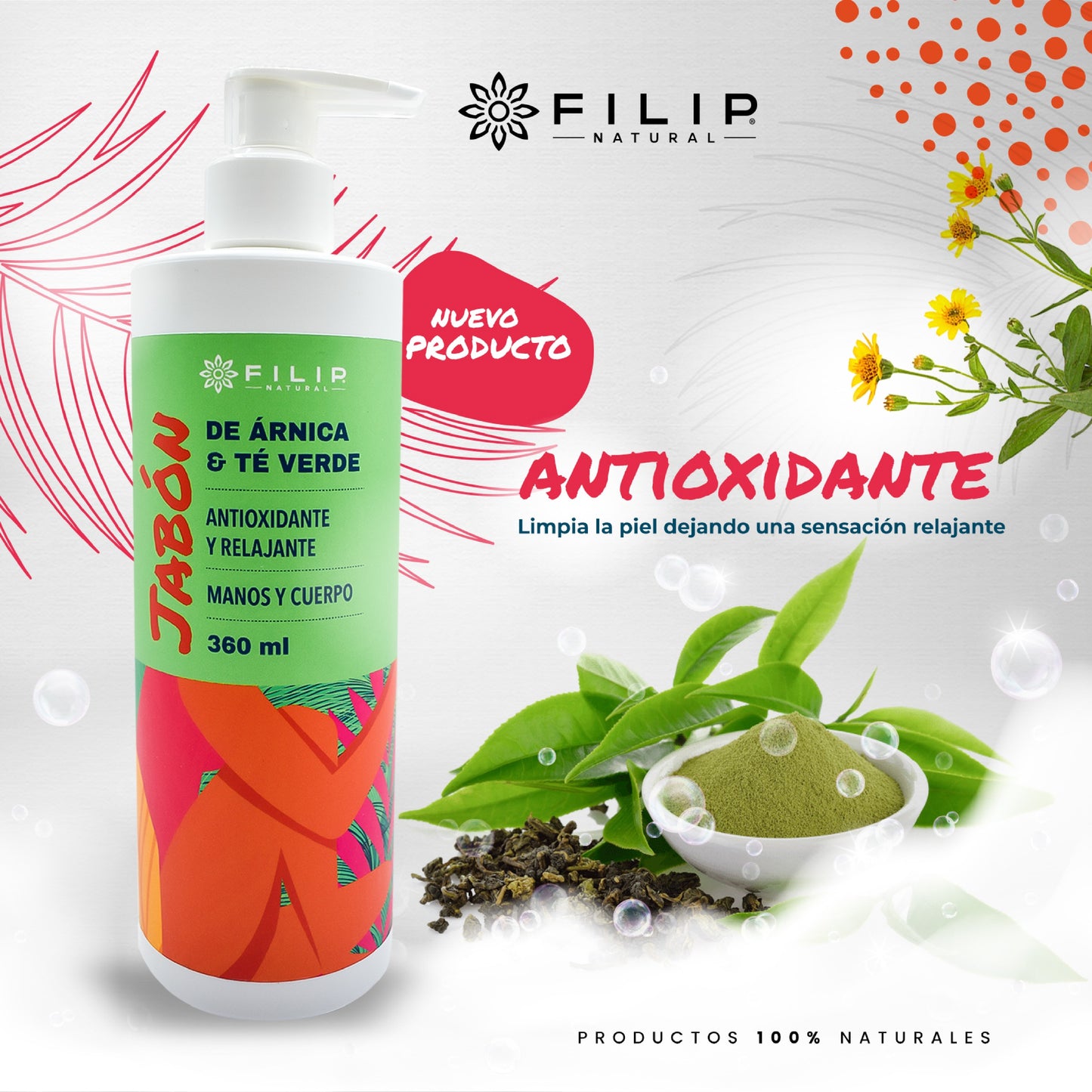 Jabón de Árnica y Té Verde, 360 ml.