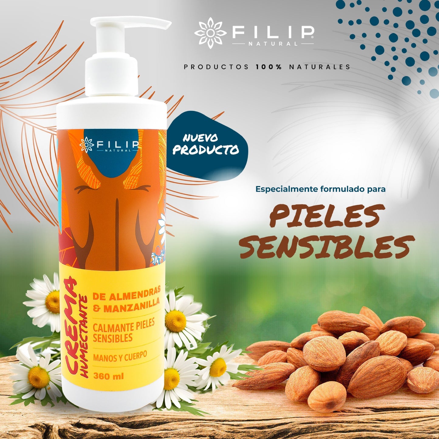 Crema Hidratante con Aceite de Almendras y Extracto de Manzanilla, 360 ml.