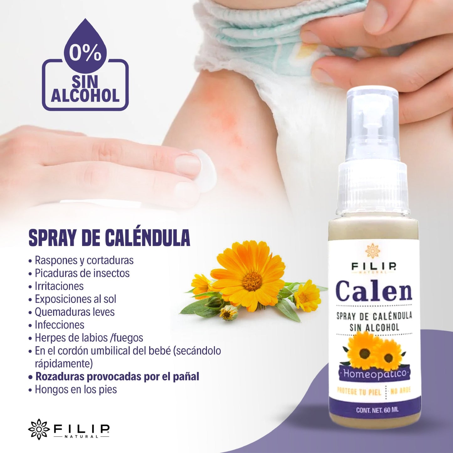 Spray de Caléndula Sin Alcohol – Auxiliar en Irritaciones y Quemaduras, 60ml.
